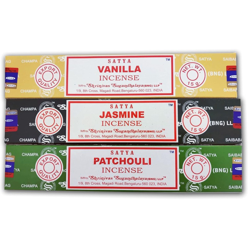 Aromatische Wierook Lot x 3 Satya Wierook Vanille + Jasmijn + Patchouli | Natuurlijke wierookaromatherapie | 3 Dozen van 15 gram-SATYA WIEROOKSTOKJES-HOSTENATURA