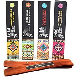 Encens Tribal Soul 4 packs Foin d’odeur + Cèdre, Sauge Blanche + Palo Santo, Sauge Blanche + Lavande et Palo Santo + Pin