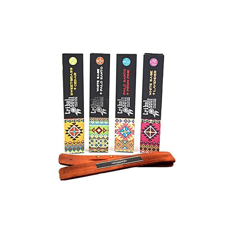 Encens Tribal Soul 4 packs Foin d’odeur + Cèdre, Sauge Blanche + Palo Santo, Sauge Blanche + Lavande et Palo Santo + Pin-TRIBAL SOUL-HOSTENATURA