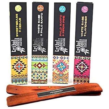 Tribal Soul inciensos 4 cajetillas Sweetgrass + Cedro, Salvia Blanca + Palo Santo, Salvia Blanca + Lavanda y Palo Santo + Pino