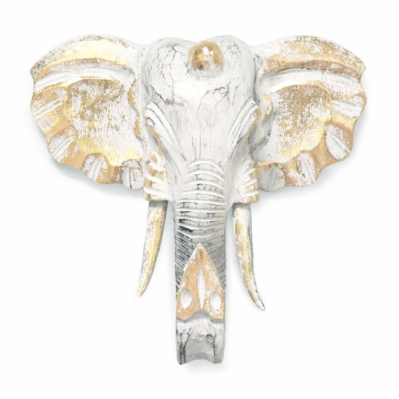 Testa di elefante grande - Oro e bianco - Prodotto in Indonesia-ELEFANTI INTAGLIATI IN LEGNO-HOSTENATURA