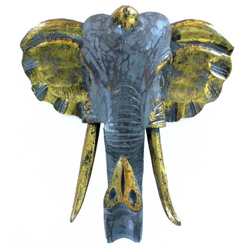 Grande Tête d’Eléphant - Or et Gris - Fabriqué en Indonésie-ÉLÉPHANTS SCULPTÉS EN BOIS-HOSTENATURA