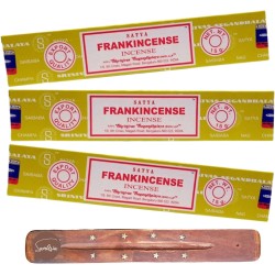 Los 3x SATYA Weihrauch - Weihrauch + 1 Räucherstäbchenhalter aus Mangoholz