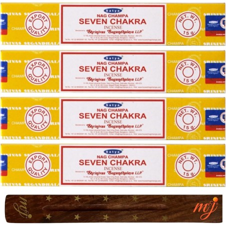 Lot 4x SATYA Seven Chakras Incense - Seven Chakra + 1 mango wood incense holder