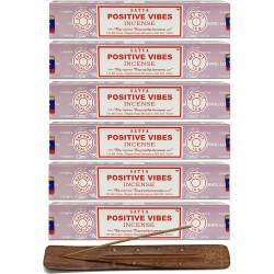 Los 6x Satya Räucherstäbchen Positive Schwingungen - Positive Vibes - 6 Packungen à 15gr. + 1 Räucherstäbchenhalter aus Mangohol