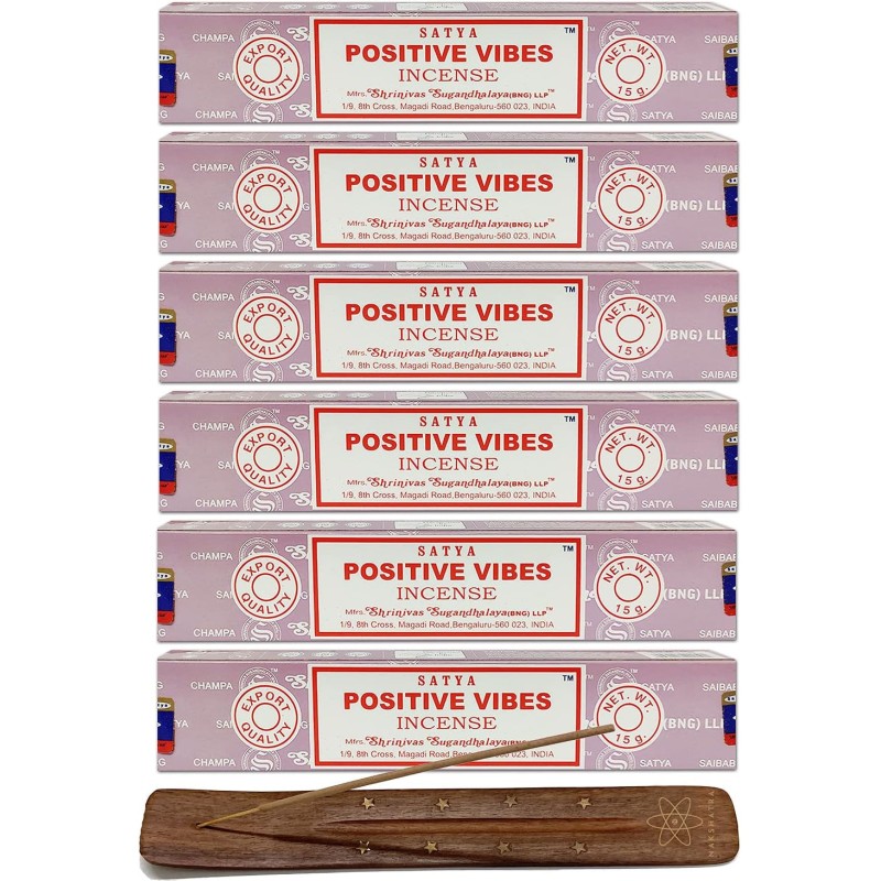 6x Satya Positive Vibes intsentsu - Positive Vibes - 15 gr-ko 6 pakete. + 1 mango egurrezko intsentsu-euskarri-SATYA INTSENTSU-MAkilak-HOSTENATURA