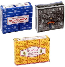 SATYA - GOLOKA Lote Conos de Incienso Nag Champa Juego de 3 - Nag Champa, Superhit, Goloka