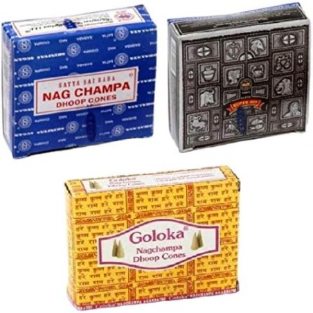 SATYA - GOLOKA Lote Conos de Incienso Nag Champa Juego de 3 - Nag Champa, Superhit, Goloka