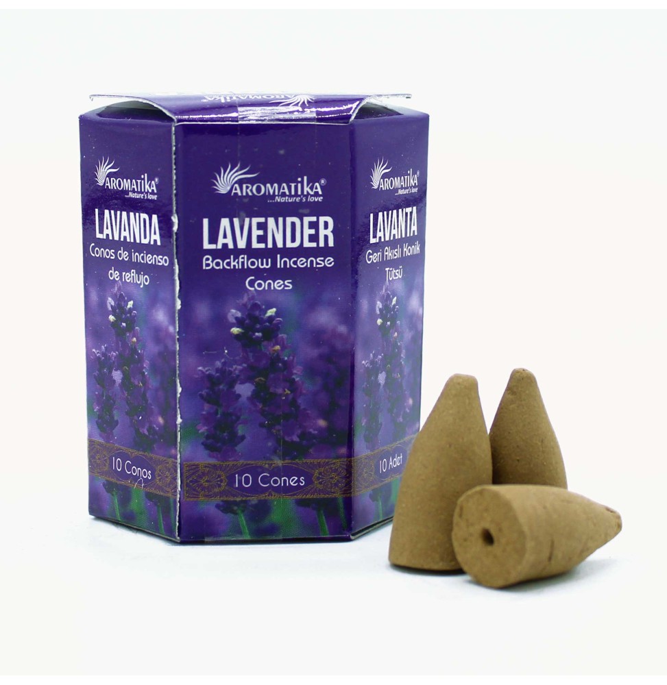 CONOS INCIENSO BLACKFLOW LAVANDA - LAVANDER - FLUJO INVERSO - MASALA AROMATIKA - HECHO EN INDIA - Caja de 10 conitos-CÔNES D'ENCENS BLACKFLOW AROMATIKA MASALA-HOSTENATURA