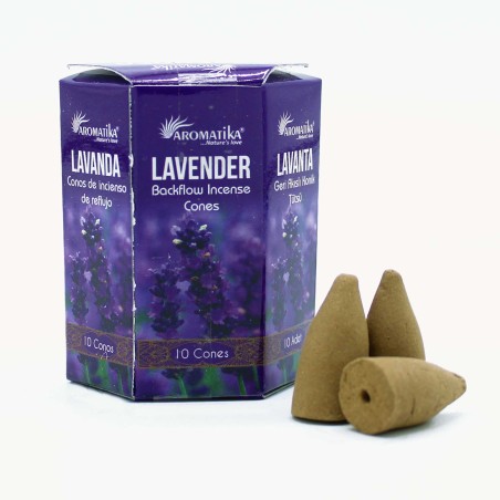 CONOS INCIENSO BLACKFLOW LAVANDA - LAVANDER - FLUJO INVERSO - MASALA AROMATIKA - HECHO EN INDIA - Caja de 10 conitos
