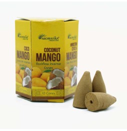 CONOS INCIENSO BLACKFLOW MANGO Y COCO - FLUJO INVERSO - MASALA AROMATIKA - HECHO EN INDIA - Caja de 10 conitos