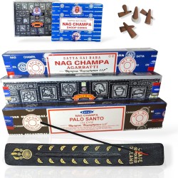 Encens Palo Santo, Super Hit, Nag Champa, Cônes Nag Champa et Super Hit Cornets + Pack Porte-Encens