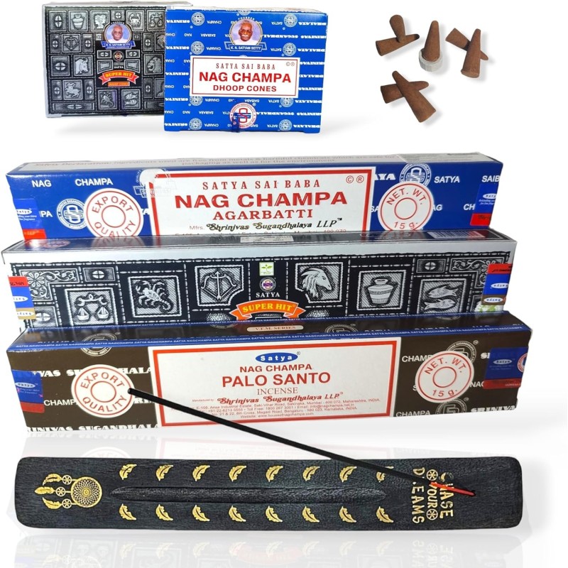 Encens Palo Santo, Super Hit, Nag Champa, Cônes Nag Champa et Super Hit Cornets + Pack Porte-Encens-BÂTONNETS D'ENCENS SATYA-HOSTENATURA