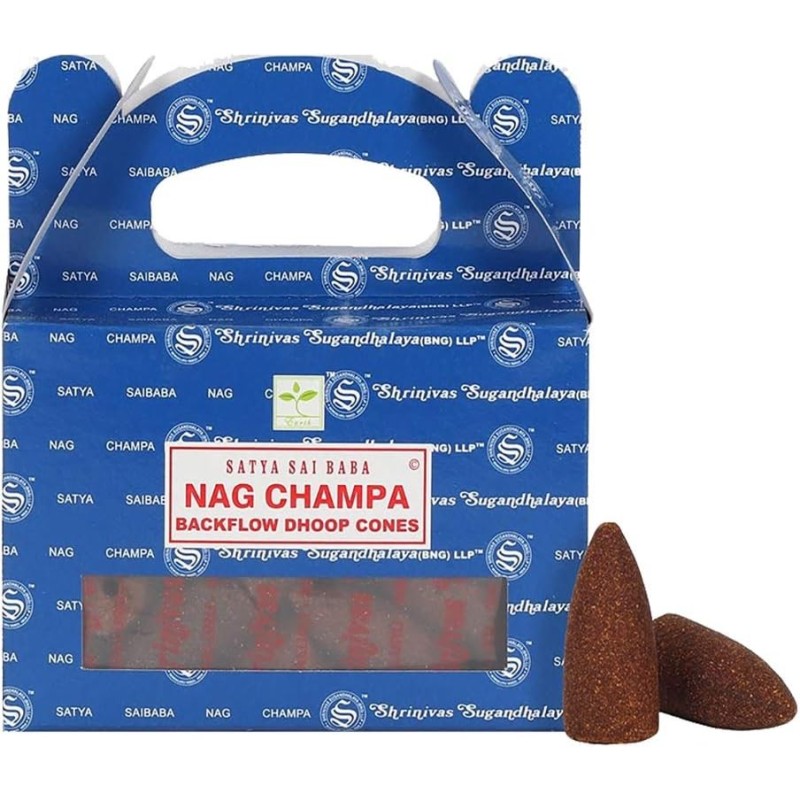 Cones de refluxo SATYA Nag Champa - Cones Blackflow Dhoop - Caixa com 24 cones-CONES DE INCENSO DE REFLOW AROMÁTICO-HOSTENATURA