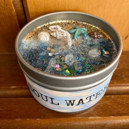 Vela de Cera de Soja artesanal | Aroma a océano | Soul Water | Con Cristales | Raven's Hearth | Made in California, USA | 4,8oz
