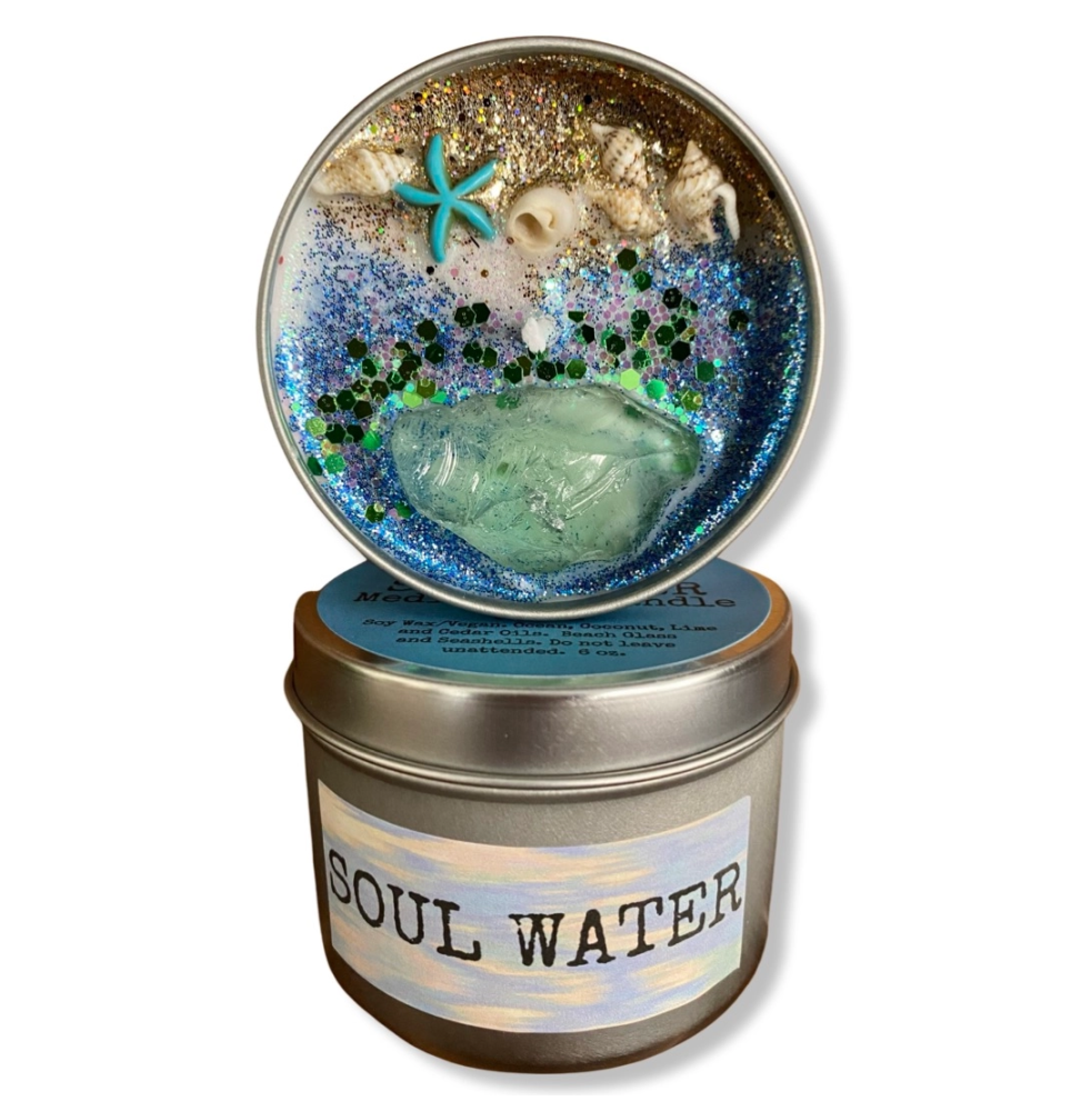 Vela de Cera de Soja artesanal | Aroma a océano | Soul Water | Con Cristales | Raven's Hearth | Made in California, USA | 4,8oz
