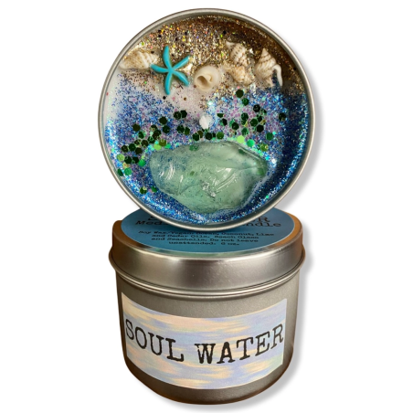 Vela de Cera de Soja artesanal | Aroma a océano | Soul Water | Con Cristales | Raven's Hearth | Made in California, USA | 4,8oz