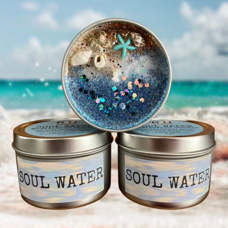 Vela de Cera de Soja artesanal | Aroma a océano | Soul Water | Con Cristales | Raven's Hearth | Made in California, USA | 4,8oz