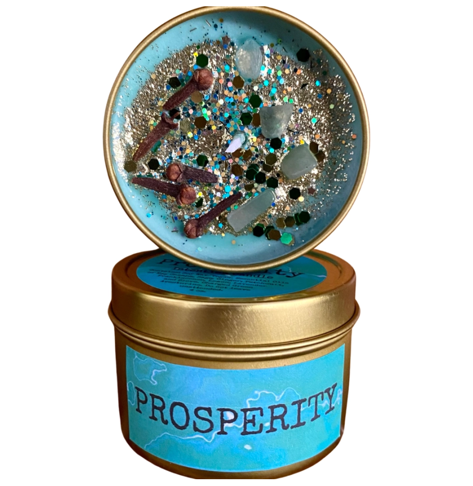 Vela de Cera de Soja artesanal | Prosperidad | Prosperity | Con Cristales | Raven's Hearth | Made in California, USA | 4,8oz