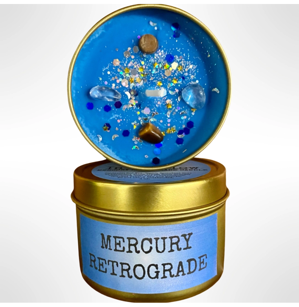 Vela de Cera de Soja artesanal | Mercurio Retrógado| Mercury| Con Cristales | Raven's Hearth | Made in California, USA | 4,8oz