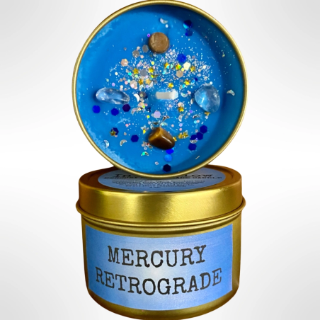 Vela de Cera de Soja artesanal | Mercurio Retrógado| Mercury| Con Cristales | Raven's Hearth | Made in California, USA | 4,8oz