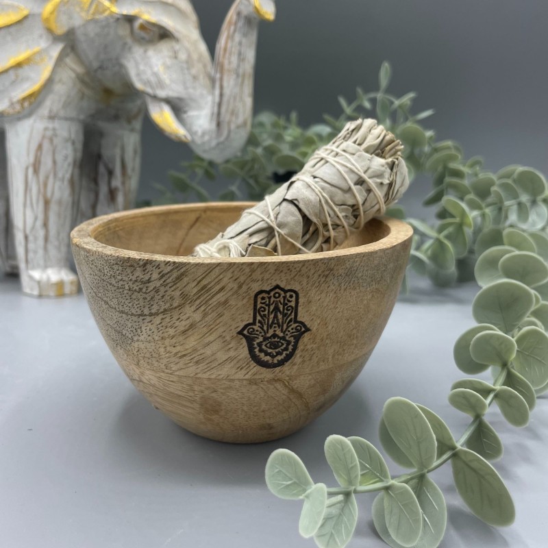 Bol de lemn pentru ofrande si ritualuri - Hamsa - 11x7cm-BIRURI DIN LEMN PENTRU RITUALURI-HOSTENATURA