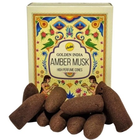 Conos Incienso Reflujo Almizcle de Ámbar - Amber Musk - Golden India - Paquetito de 12 conos