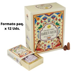 Amber Musk Backflow Incense Cones - Amber Musk - Golden India - 12 konoko paketea