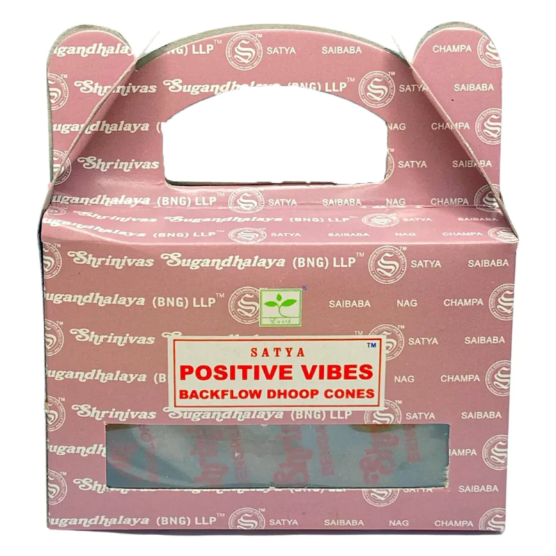 SATYA Positive Vibes Reflux Cones - Pozytywne wibracje - Blackflow Dhoop Cones - Pudełko 24 rożków-AROMATYCZNE KADZIDŁA Z ROZPŁYWEM-HOSTENATURA