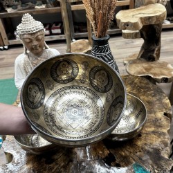 Engraved Healing Tibetan Bowl - 21cm - Om & Buddha