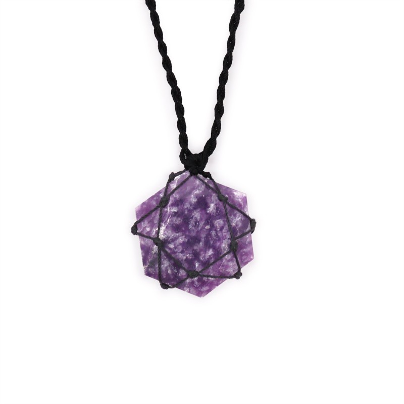 Pendentif hexagonal en pierres précieuses imbriquées - Lépidolite-PENDENTIFS PIERRES PREMIÈRES LIÉES-HOSTENATURA