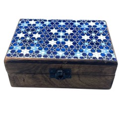 Caixa de madeira de cerámica esmaltada mediana - 15x10x6cm - Estrelas azuis