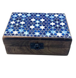 Caja de Madera de Cerámica Esmaltada Mediana - 15x10x6cm - Estrellas Azules
