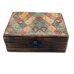 Medium Glazed Ceramic Wooden Box - 15x10x6cm - Traditional Pattern