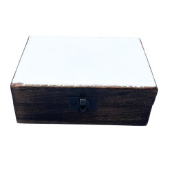 Medium Glazed Ceramic Wooden Box - 15x10x6cm - White