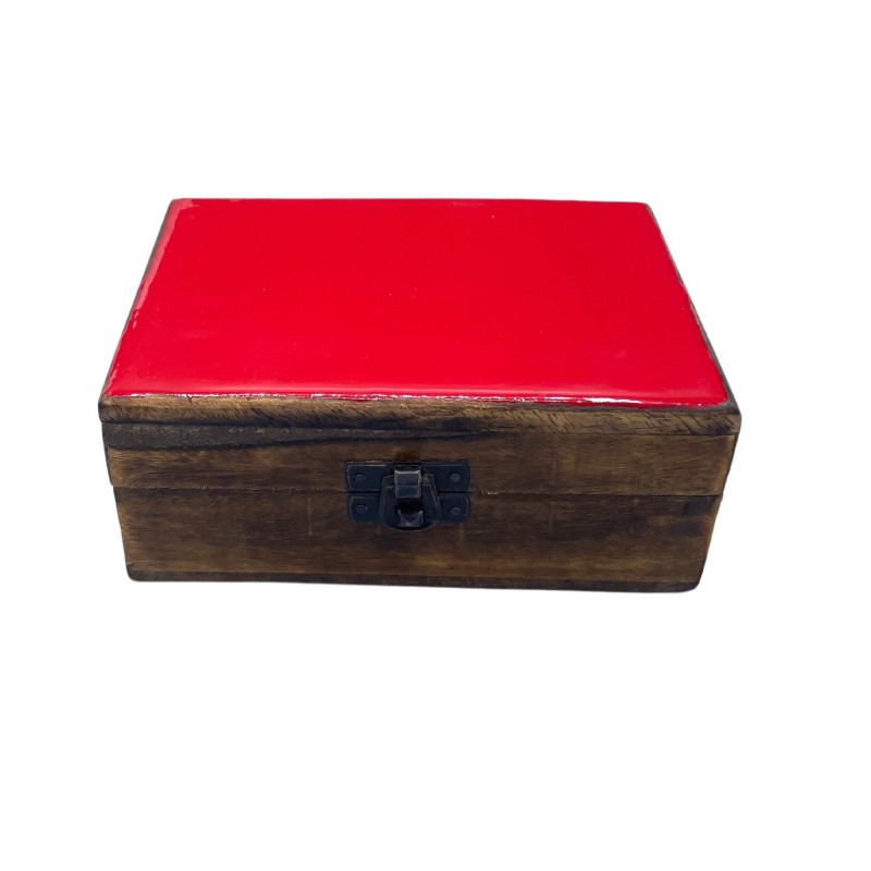 Medium Glazed Ceramic Wooden Box - 15x10x6cm - Red-CERAMIC GLAZED WOODEN BOXES-HOSTENATURA