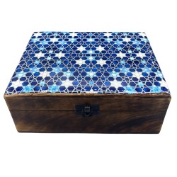 Large Glazed Ceramic Wooden Box - 20x15x7.5cm - Blue Stars