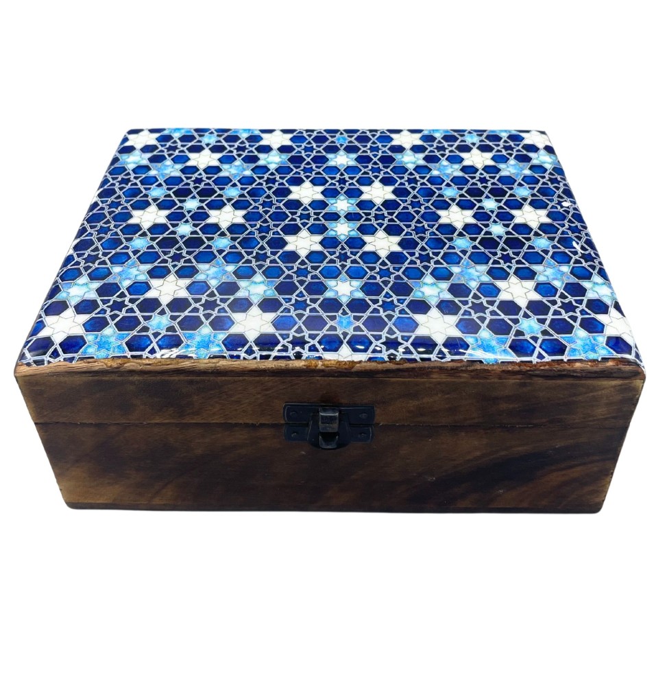 Caja de Madera Grande de Cerámica Esmaltada - 20x15x7.5cm - Estrellas Azules-CAIXAS DE MADEIRA CERÁMICA ESMALTE-HOSTENATURA