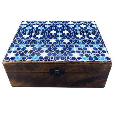 Caja de Madera Grande de Cerámica Esmaltada - 20x15x7.5cm - Estrellas Azules