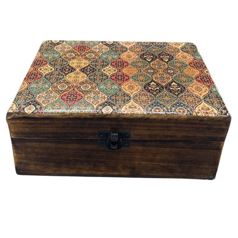 Large Glazed Ceramic Wooden Box - 20x15x7.5cm - Traditional Pattern-CERAMIC GLAZED WOODEN BOXES-HOSTENATURA