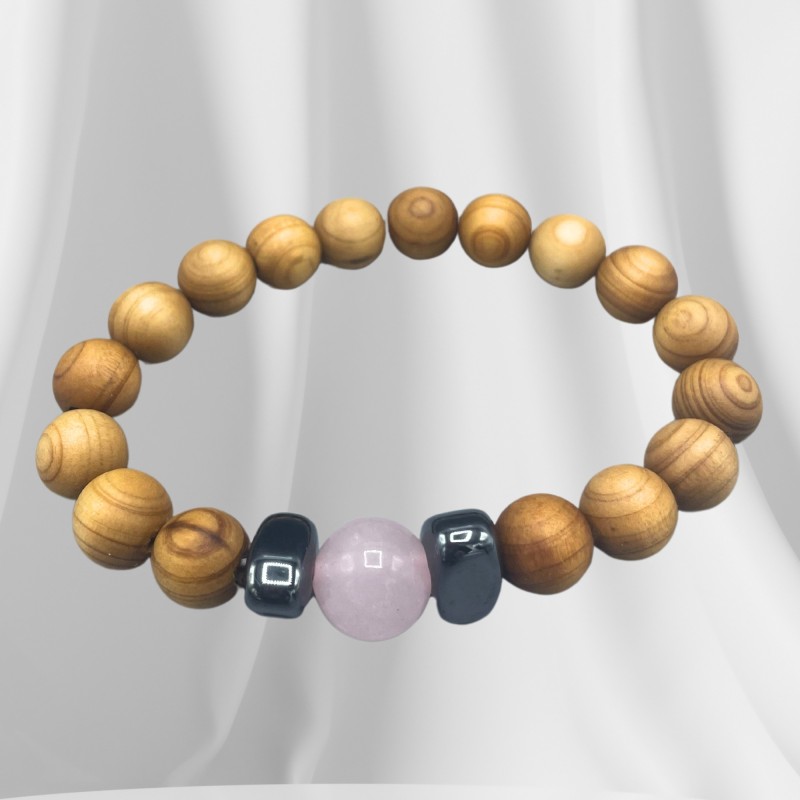 Bracciale in legno di cedro - Chakra del cuore - Quarzo rosa-BRACCIALI CHAKRA DI CEDRO-HOSTENATURA