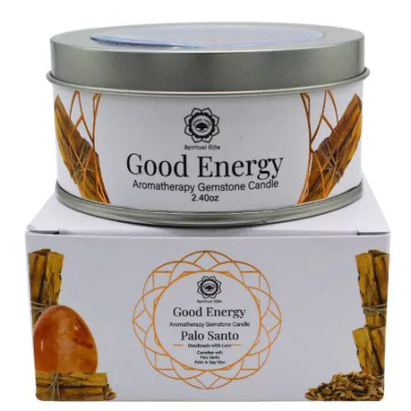 Vela de Cera de Soja Ritualizada de Palo Santo con Piedras de Carnelia - Buena Energía - Green Tree Candle - 70gr.