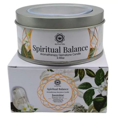 Vela de Cera de Soja Ritualizada de Jazmín con Piedras de Cuarzo Cristal - Balance Espiritual - Green Tree Candle - 70gr.