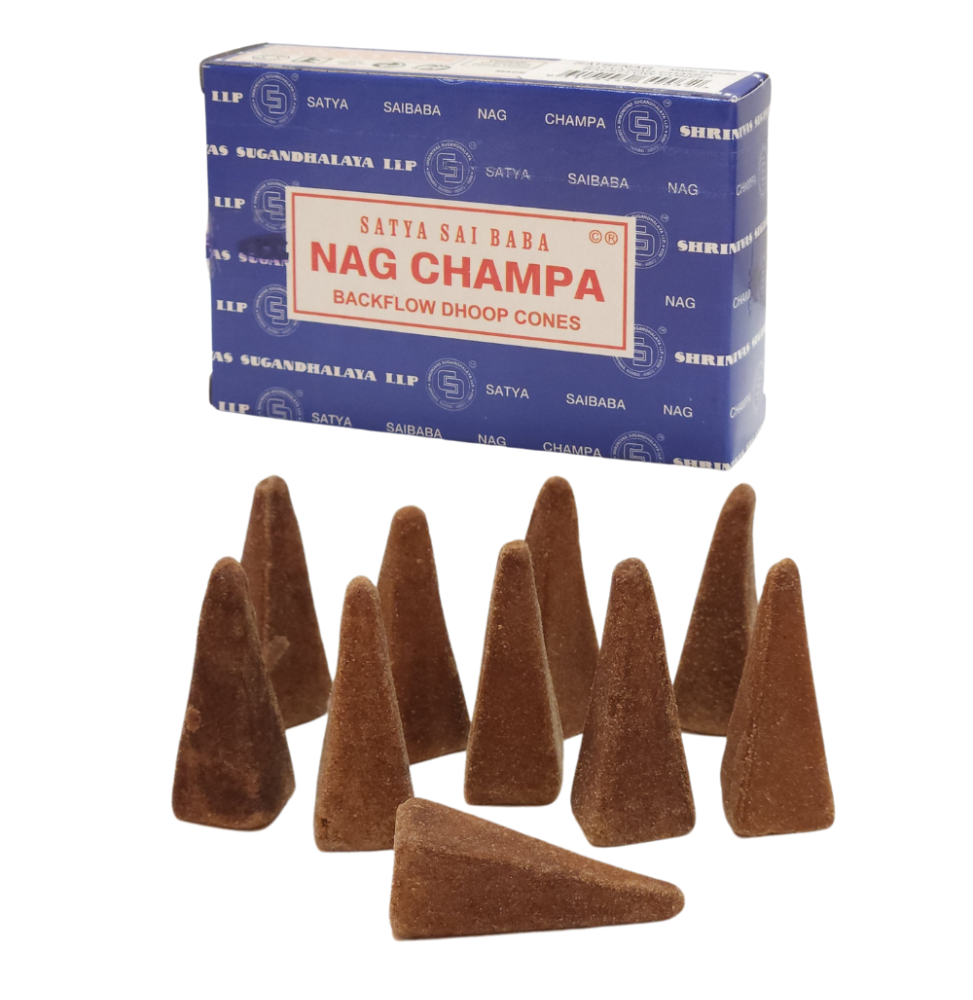 Conos de incienso de reflujo SATYA Nag Champa - Conos Dhoop Blackflow - Caixa de 10 conos
