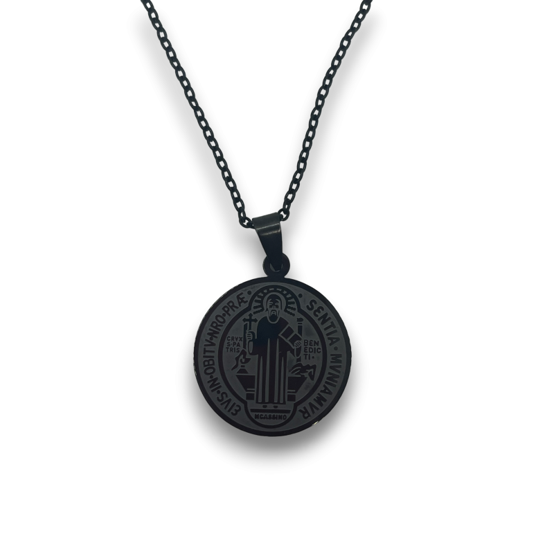 Colar Medalha Cruz de São Bento - Aço Inoxidável Preto-AMULETOS-HOSTENATURA