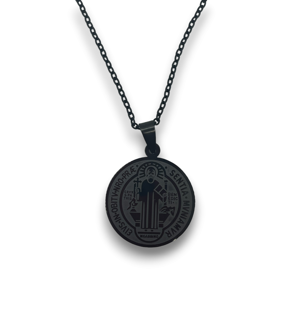 Collar Medalla Cruz de San Benito - Negro Acero Inoxidable