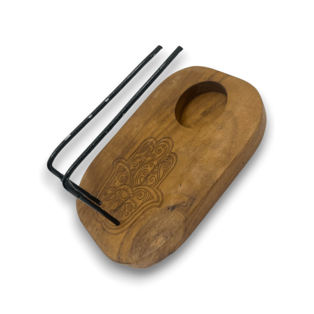 Quemador de Palo Santo Diseño Hamsa Madera de Teca - 15x10cm - Hecho a Mano