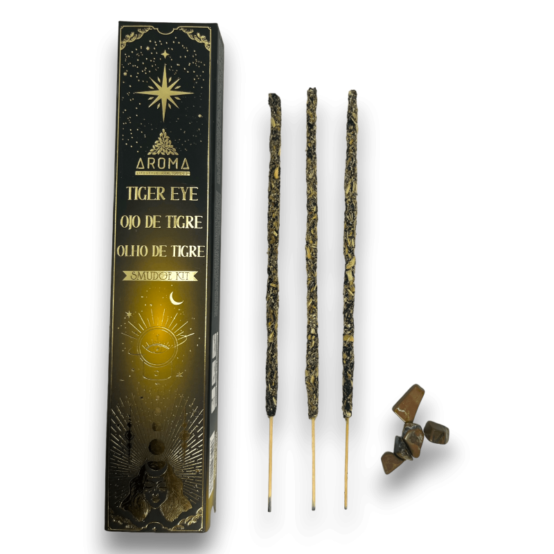 Kit de incienso de ollo de tigre AROMA Smudge Crystal Incense - Varillas de incienso con minerais - 1 caixa de 20gr.-Incienso de cristal de Aroma Fragrances-HOSTENATURA