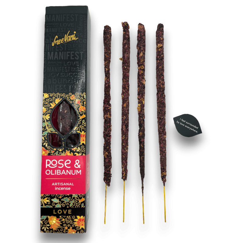 Rose and Olibanum Incense Love Manifest Sree Vani Love Rose & Olibanum - Incienso artesanal - 4 varas grosas Calidade extra-INCENSOS MANIFESTOS SREE VANI-HOSTENATURA