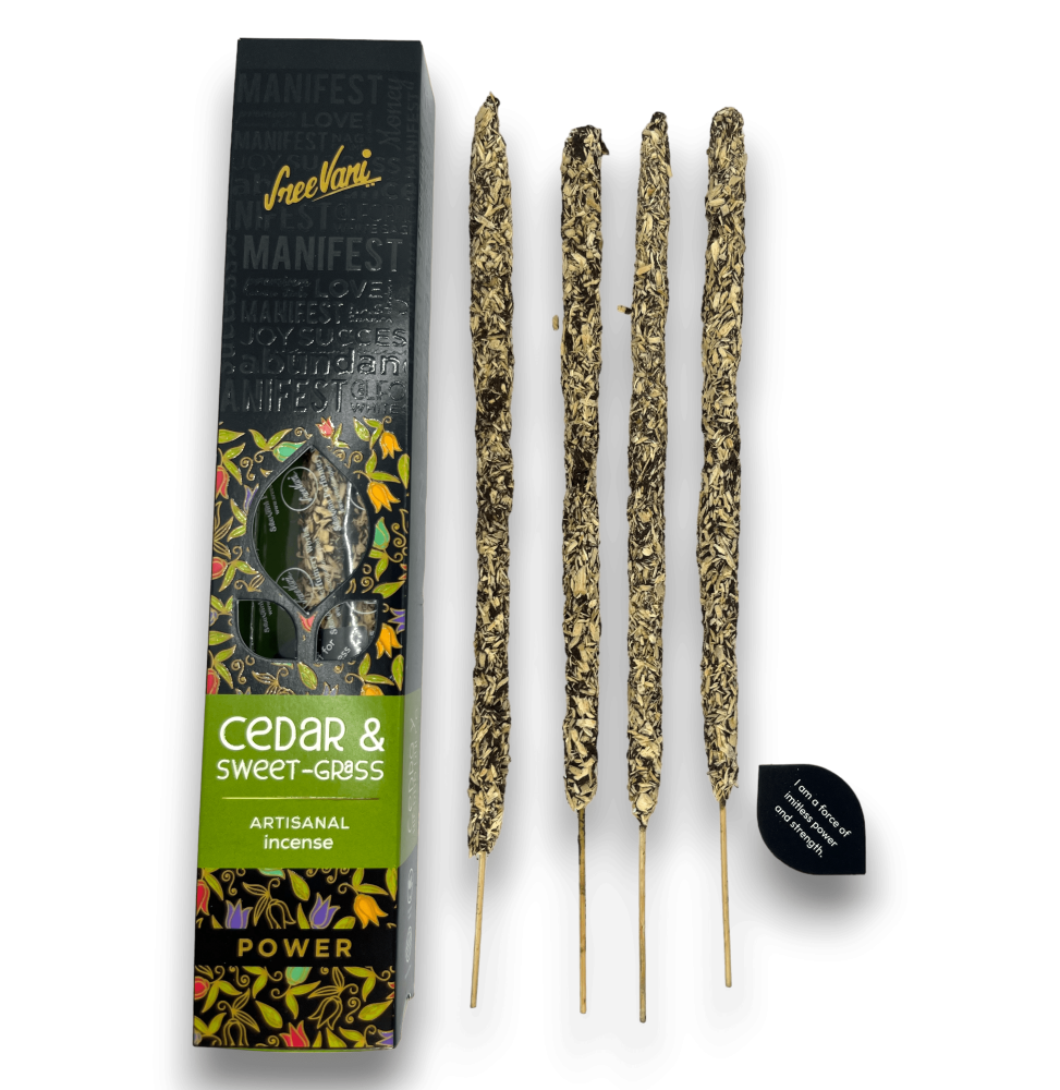 البخور الأرز والعشب الحلو بيان الطاقة Sree Vani Power Cedar & Sweet-Grass - البخور المصنوع يدويًا - 4 أعواد سميكة